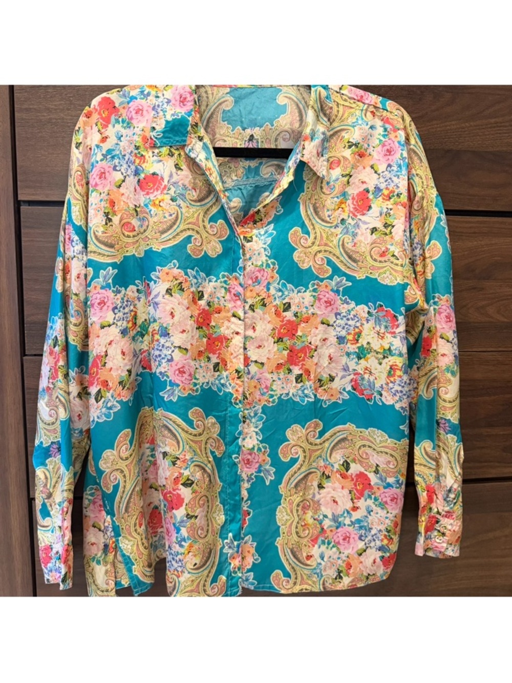 Johnny Was 100% silk turquoise floral print blouse